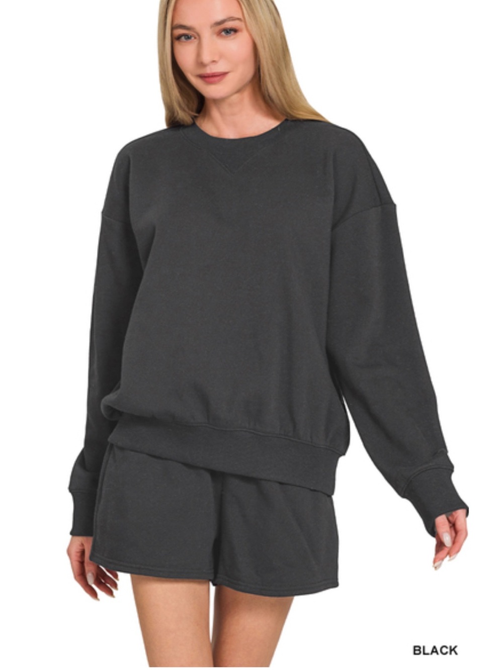 Black ZENANA FLEECE LONG SLEEVE
SWEATSHIRTS & SHORTS SET